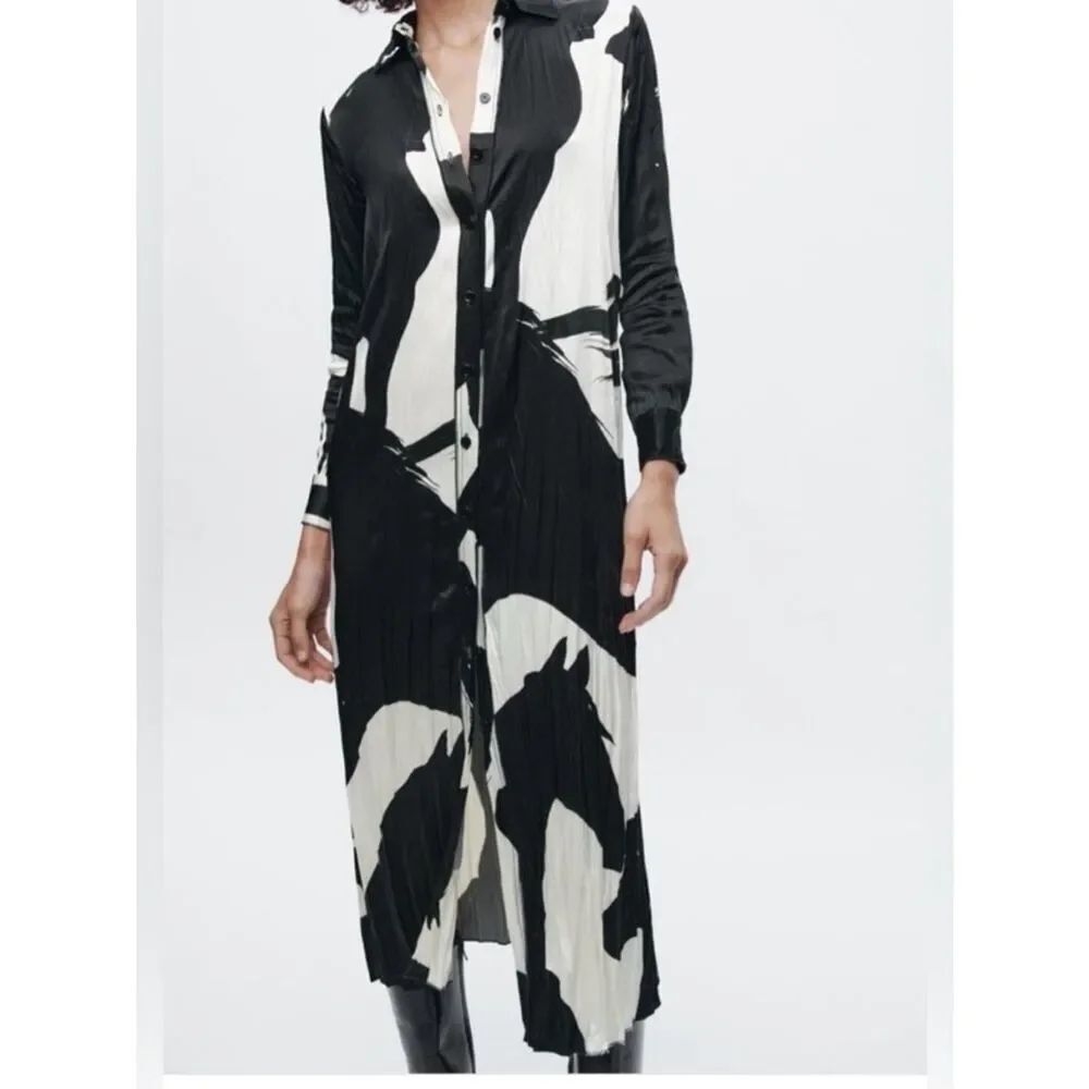 Zara Black & White Abstract Print Long Shirt Dress Size M NWT